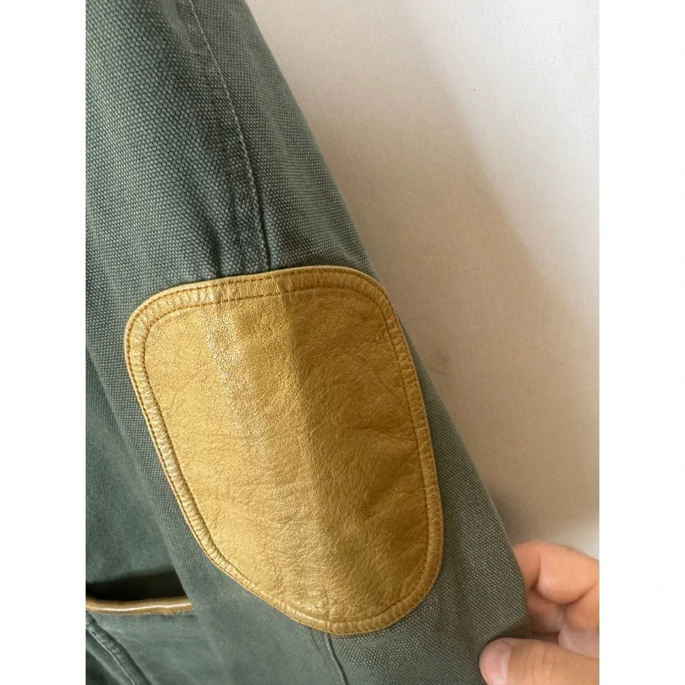 Orvis Mens Canvas Field Blazer Jacket Green Leather Trim Elbow Patches 40L
